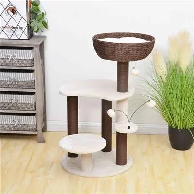 Petpals, Quartz 5 Level Cat Tree With Paper Rope Scratching Posts, Shag Fur Cushion, and Handwoven Bowl - PremiumPetsPlus
