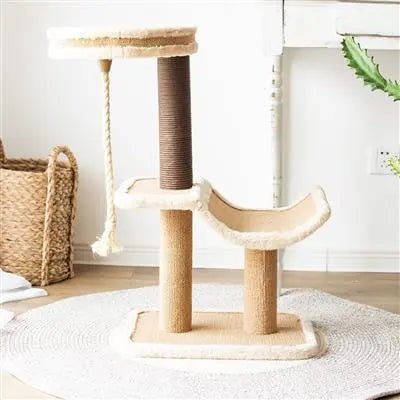 Catry, Cradle- Beige Cat Tree Cradle Bed with Recycled Paper Scratching Posts and Teasing Rope - PremiumPetsPlus